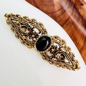 Vintage Brooch Victorian Revival Gold Tone 2" Pin Black Cabochon Filigree 4176